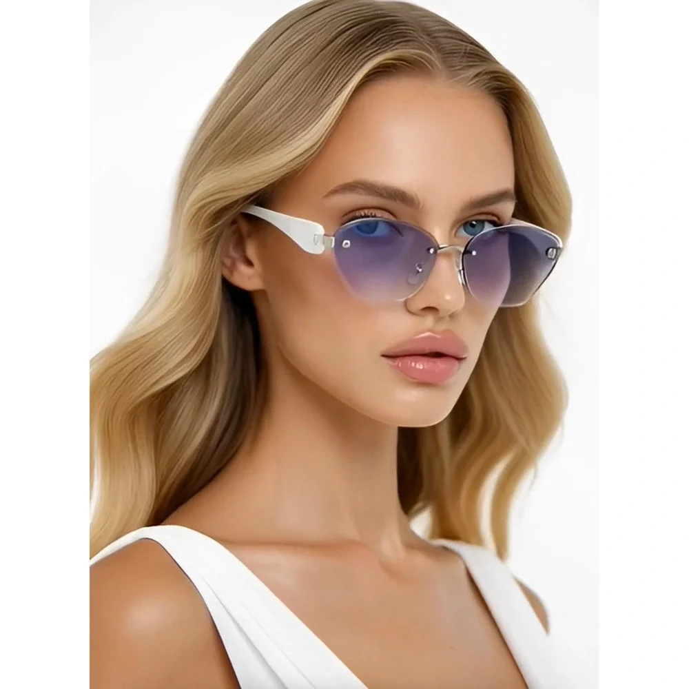 Rimless Cat Eye Sunglasses Blue Gradient Lens White Temples Trendy Vintage 2026‎